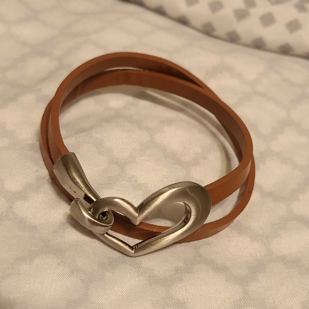 15 inch leather and metal heart wrap bracelet